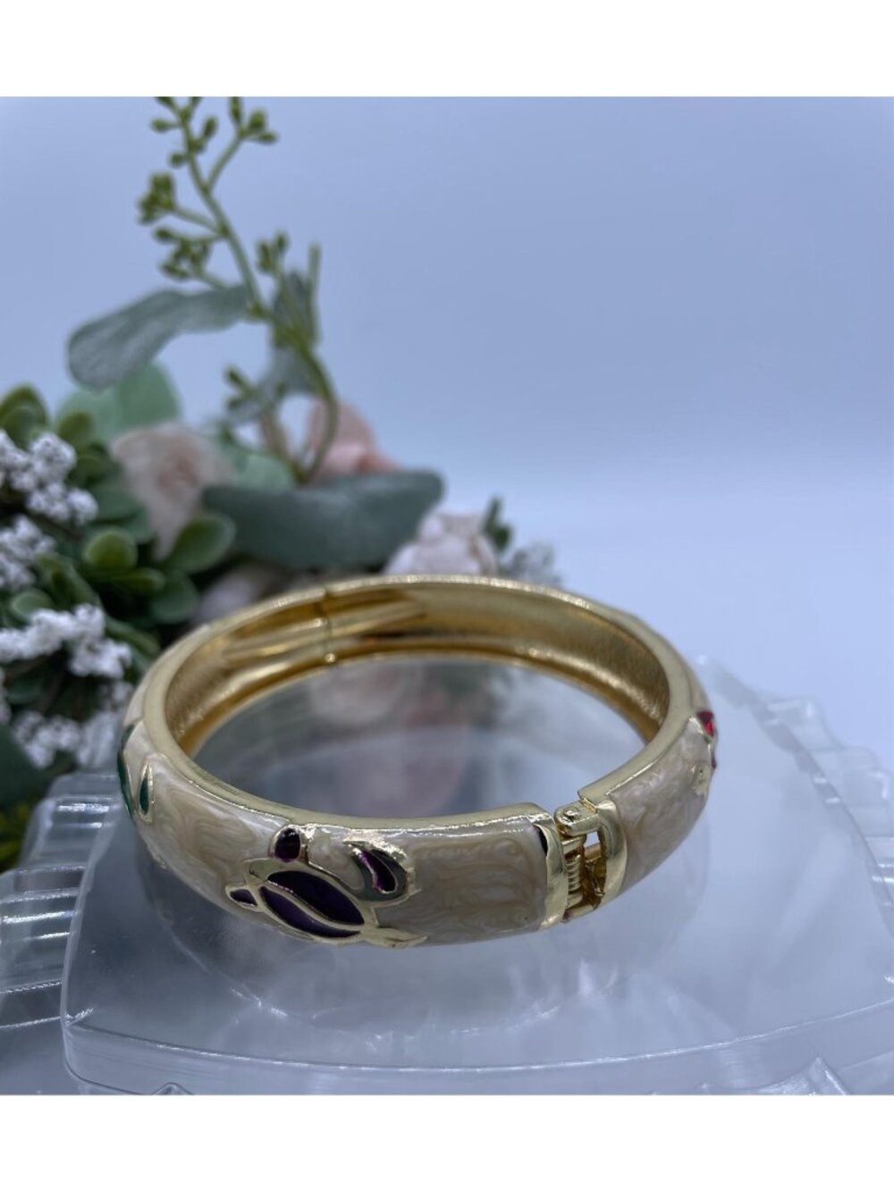 Jiu Long Xing Sea Turtle Enamel Hinged Clamper Bangle Bracelet Gold Tone